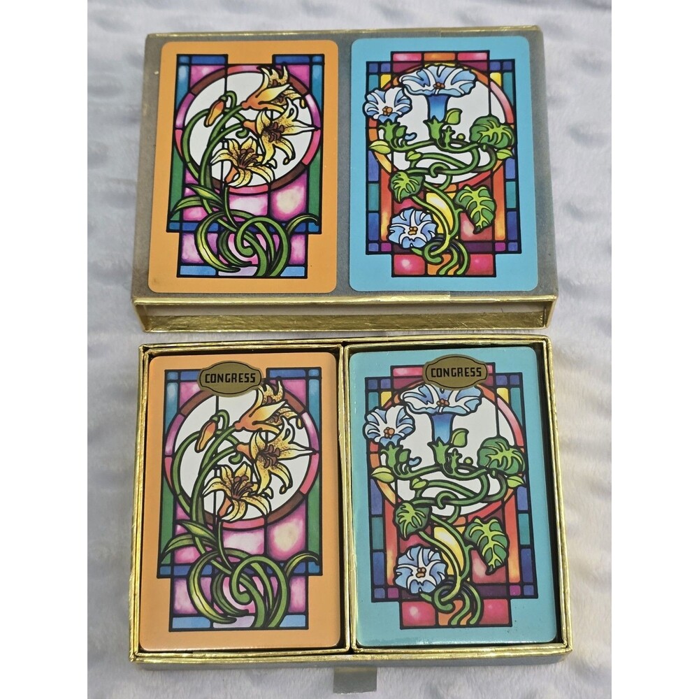 Vintage Congress Playing Cards Stained Glass Windows  Cel-U-Tone New In Box Seal - Picture 3 of 9